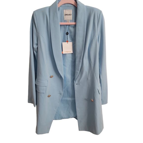 Women's Long Blazer With Shoulder Pads Jacket Blue Size XS - Picture 1 of 5